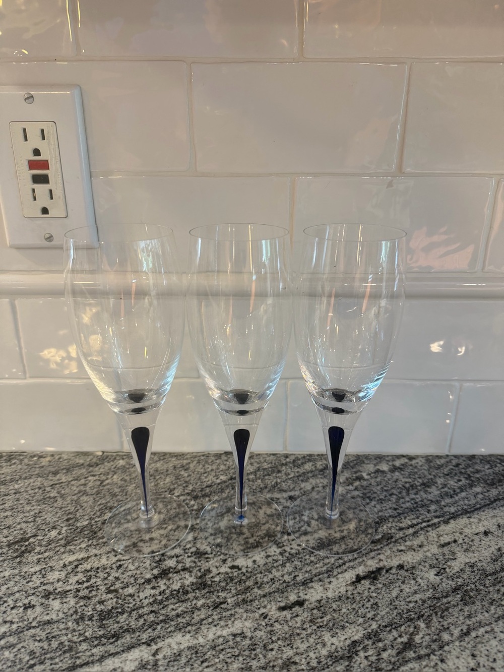 Set of 3 Orrefors Claret Wine 8 3/4" Intermezzo Blue Blown Glasses